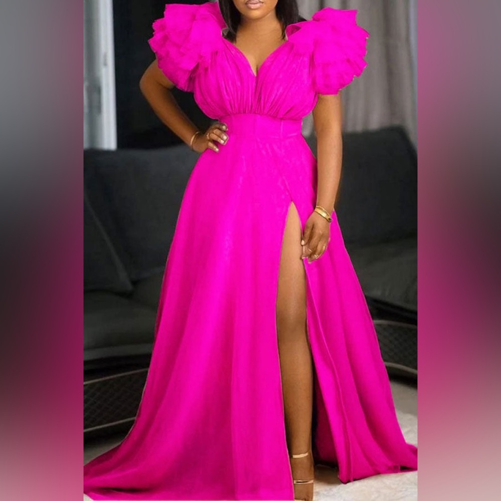 Solid Color Mesh Tiered Sleeve Feminine High Split Maxi Dress